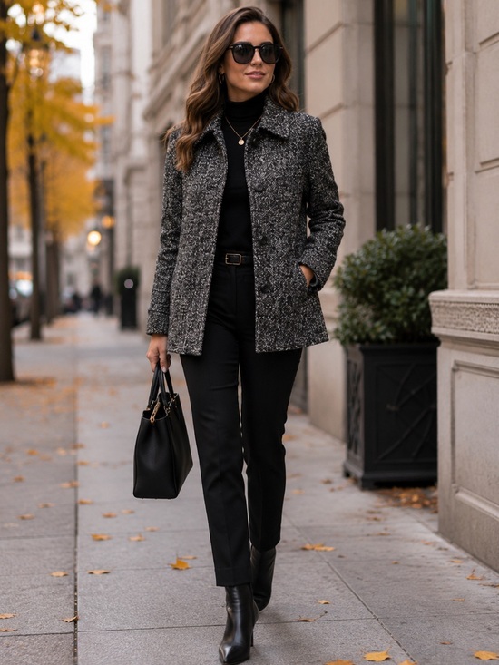 London Fog Jackets & Blazers - LONDON FOG Women’s Black & White Marled Textured Collared Wool Blend Coat L